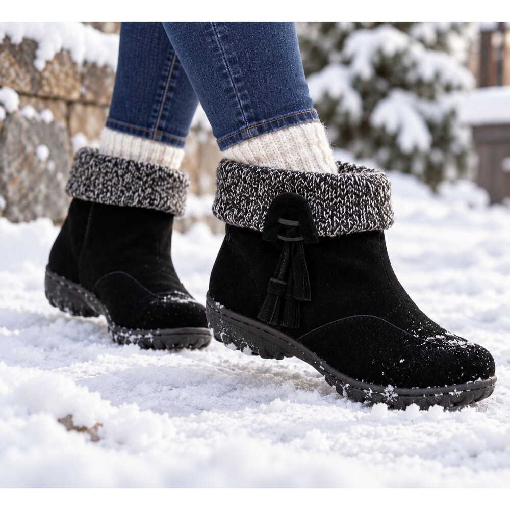 Khombu Women's Winter Boots Size 6M Black Suede Leather Booties Waterproof